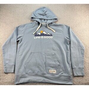 Life Is Good Mountain Hoodie Mens Large Blue Sweatshirt Outdoor Hiking Walking